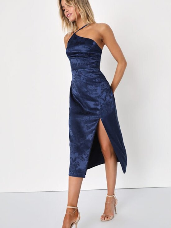 Lulus Dresses & Skirts - Lulus Desirable Dream Navy Blue Satin Jacquard Halter Neck Midi Dress - Size XS